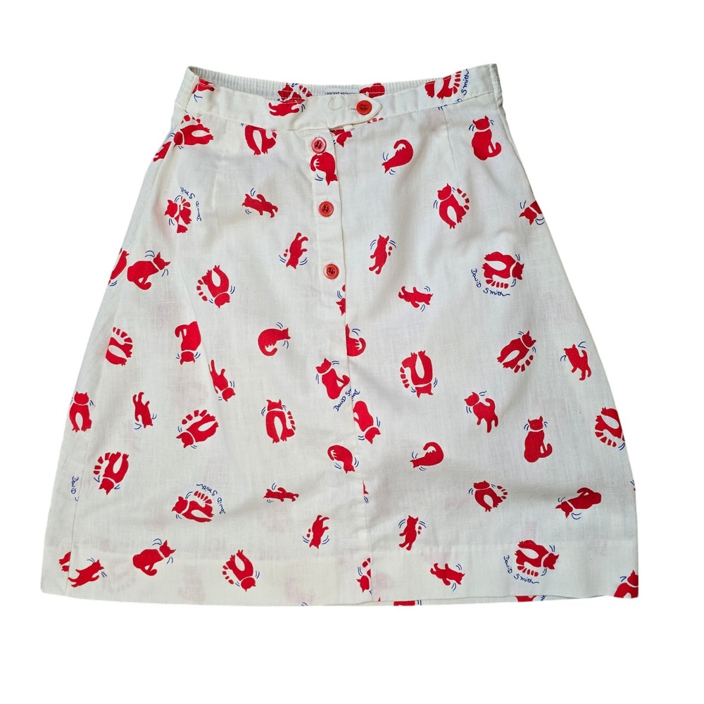 Vintage David Smith Cat Print Skirt Button Front White Red Made in USA